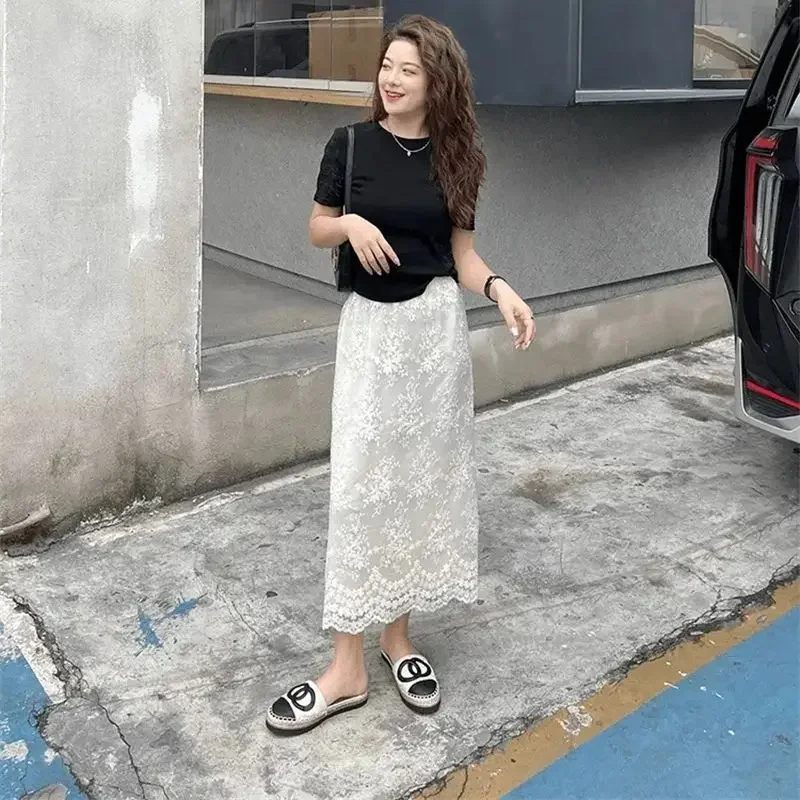 

Summer Elastic High Waist Sweet A-line Mesh Skirt 250A Vintage Floral Embroidered Midi Skirts Women Elegant Tulle Party Skirt
