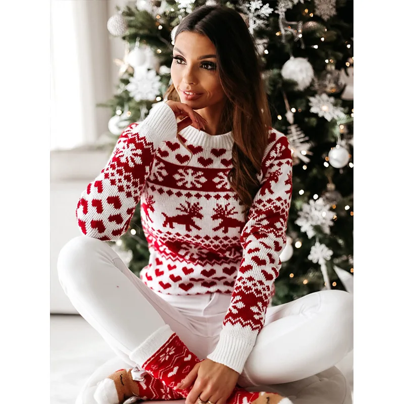 New Autumn Winter Knitted Sweater Women\'s Round Neck Pullover Christmas Elk Snowflake Long Sleeve Knitted Sweater