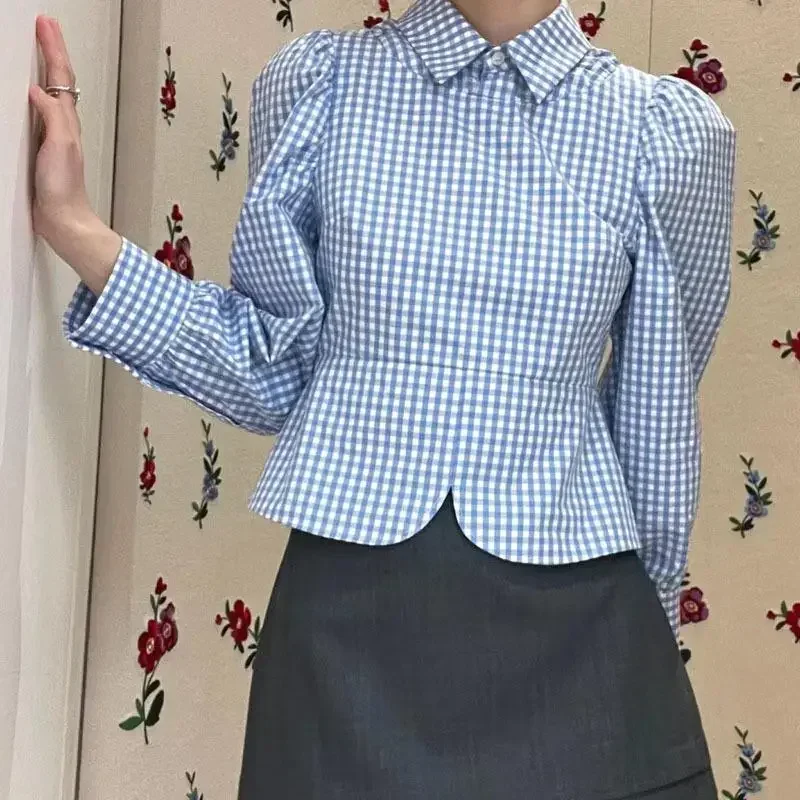 2023 Autumn New Ladies Academic Style White Blue Plaid Bubble Sleeve Shirts Tops Front Split Slim Lapel Sweet Fashion Blouses