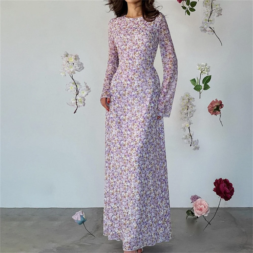 

2024 Floral Print Long Dress for Women Summer O Neck Long Flare Sleeve Ankle Length Dresses Evening Party Female Dress Vestidos