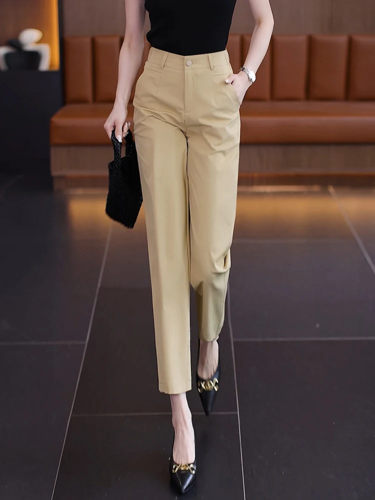 

Женские летние тонкие брюки-чинос цвета хаки с высокой талией, прямые, повседневные, в корейском стиле, свободного кроя, укороченные (длиной 7/8)