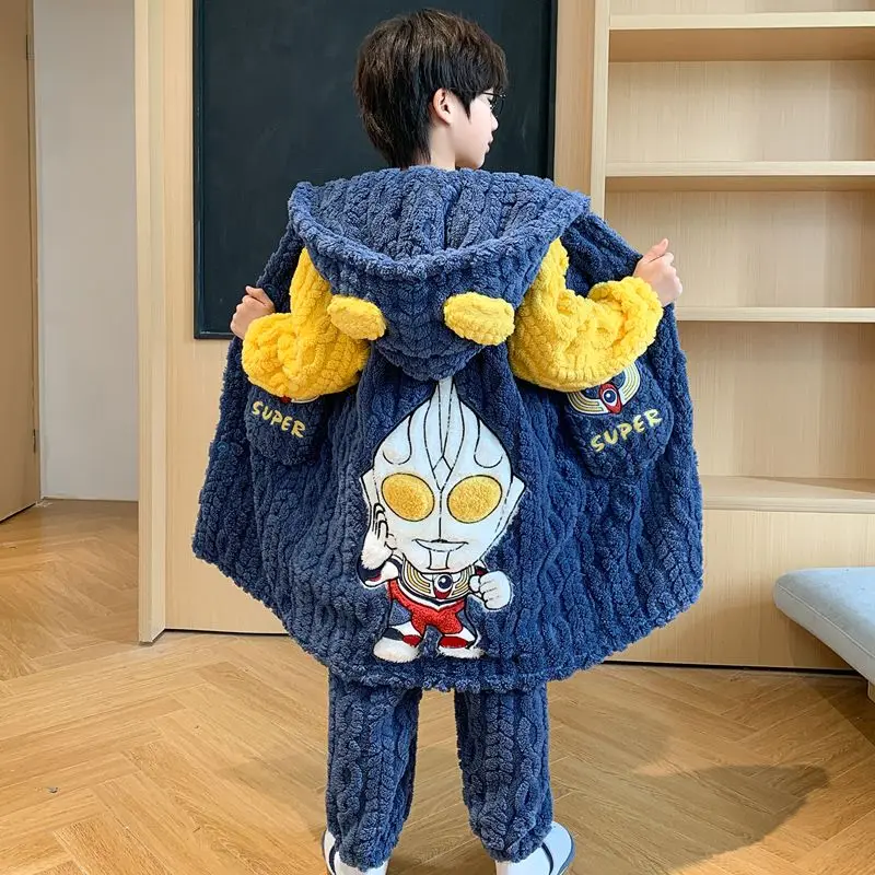 Boys Winter Warm Flannel Pajama Set Cute Cartoon Print Hooded Robe with Pants Thick Coral Sleepwear Kids Homewear Loungewear