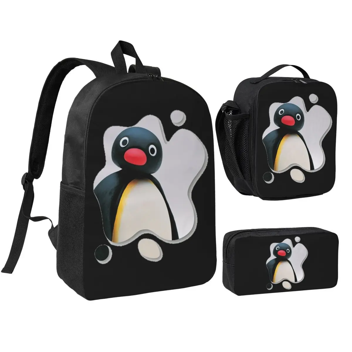 Pingu Pinga Penguin Tv Backpack Student BookBag School Bag Shoulder Bags 3ps Insulated Lunch Bag Pencil Case