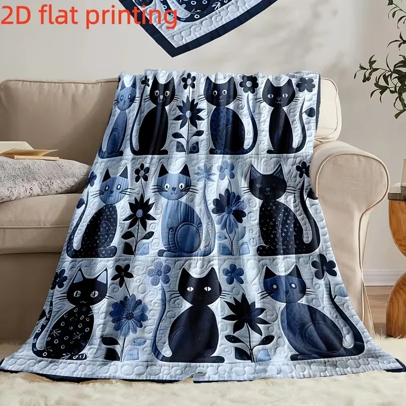 1pc Flannel Blanket with Black Cat and White Paws, Blue Tabby Kitten Pattern Bedspread for All Seasons Cat-themed Sofa Blanket,
