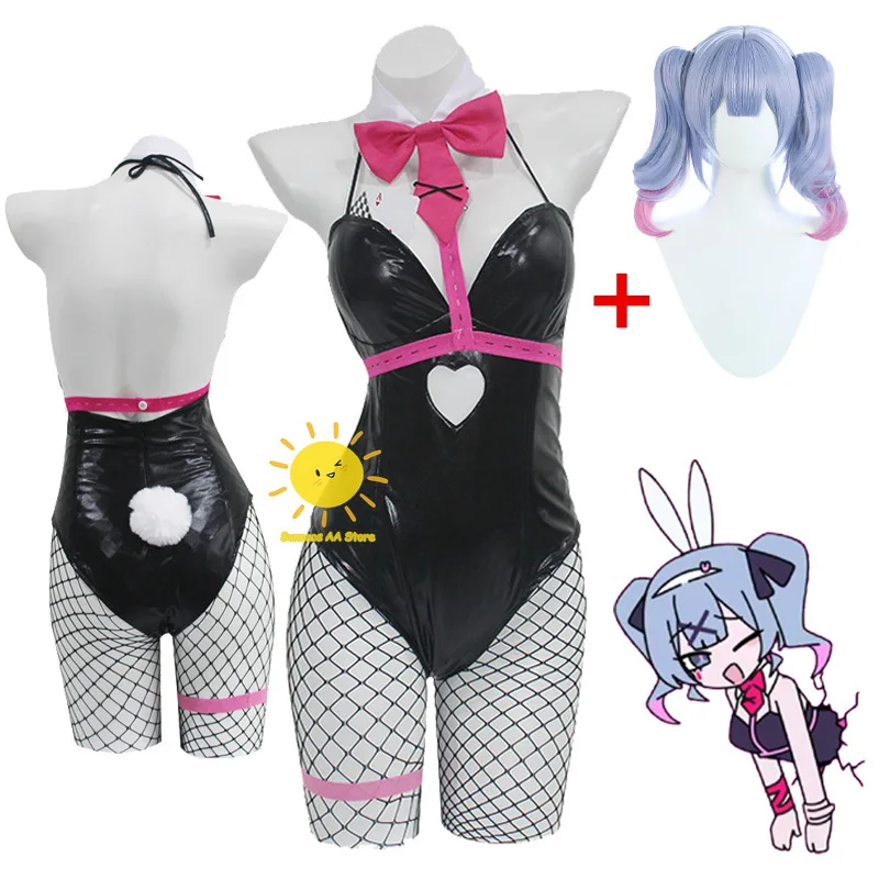 Miku-peluca negra de charol con agujero de conejo para niña, Disfraces de Halloween de Cosplay, tocados, ropa con lazos