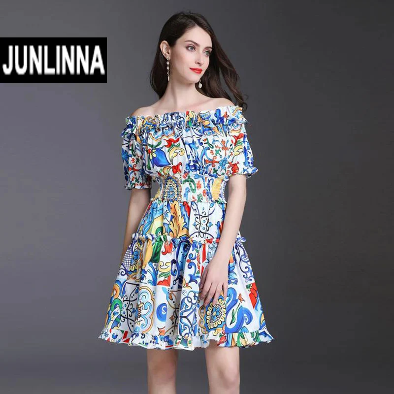 JUNLINNA Fashion Printing Sicilian Dress Women Summer Beach Holiday Vestidos Sexy Slash Neck Elastic Waist Sliming