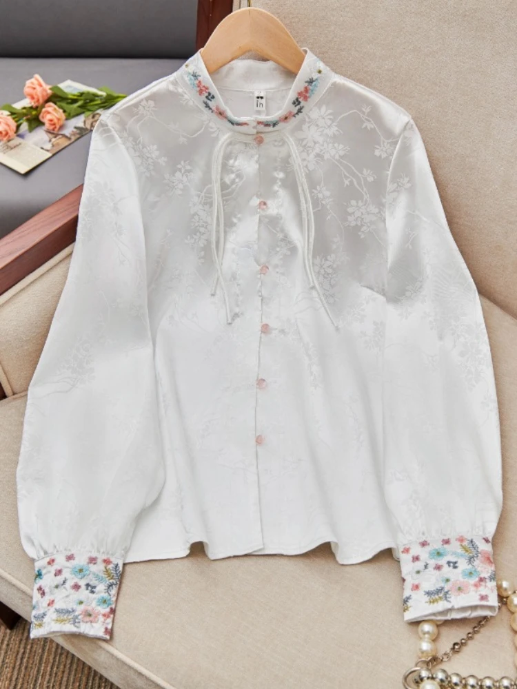 Satin Women\'s Shirts Loose Silk Chinese Style Blouses Spring/Summer Ladies Clothing Fashion Long Sleeves Women Tops