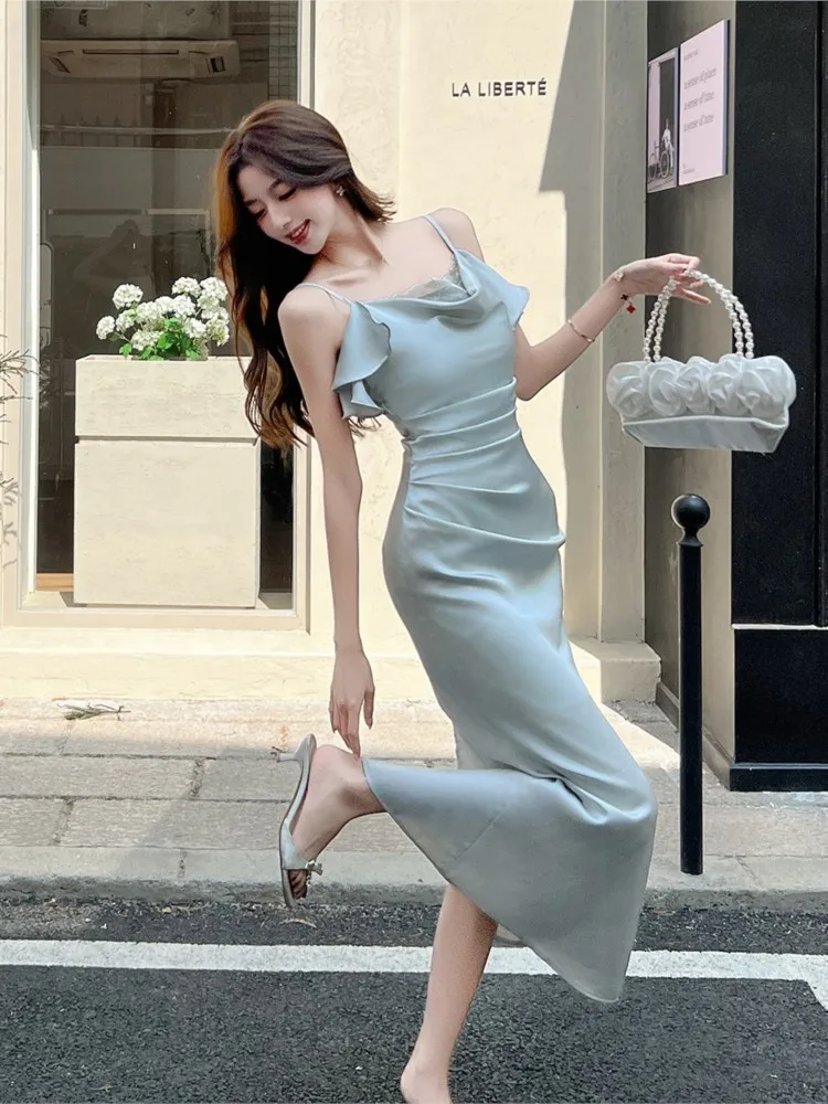 Elegante Vrouwen Swing Kraag Kanten Afwerking Satijnen Spaghetti Jurken Effen Kleur Taille Geplooide Backless Jurk Zomer Vestidos Nieuw