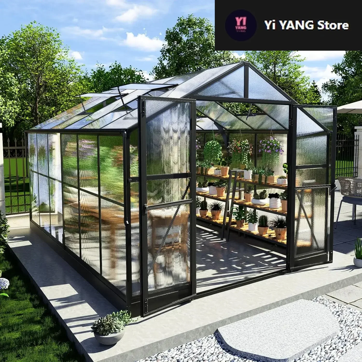 

8x12x7FT Polycarbonate Greenhouse, Walk in Greenhouse with Quick-Connect System, Green House with 4 Vent Windows