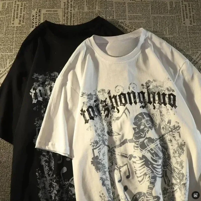 M-8XL americano rua na moda marca crânio elemento impressão na moda camiseta masculina high street roupas masculinas na moda