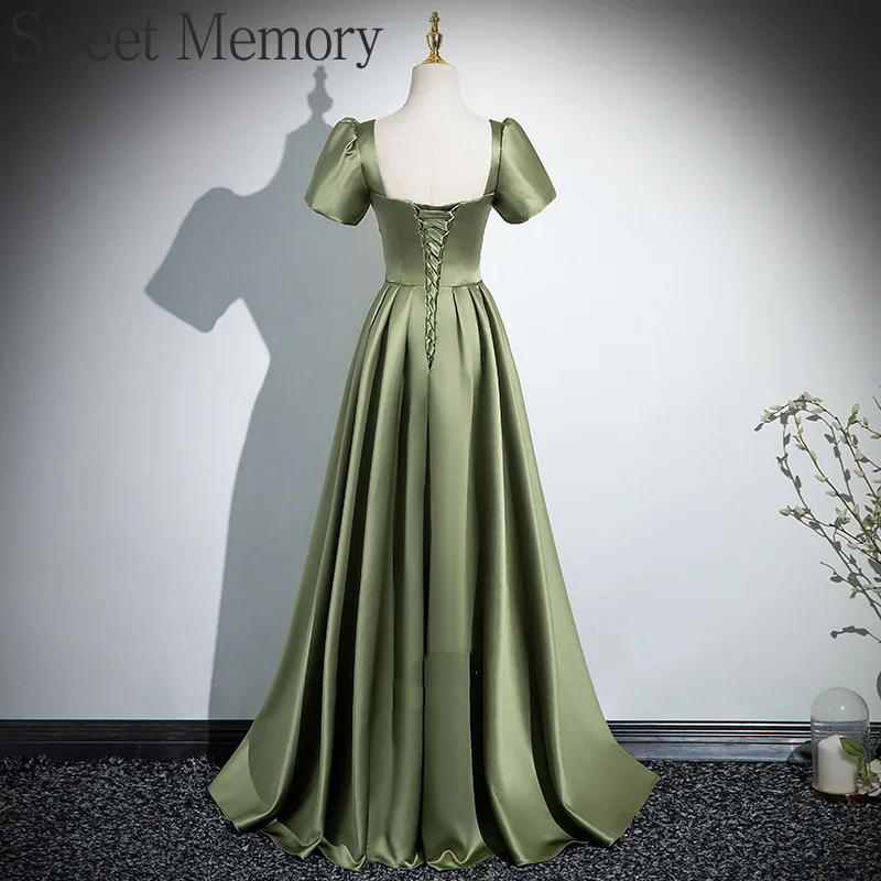 Robe de Soirée en Satin à Col Carré Vert Personnalisé, Tenue Élégante de Bal de Promo d'Anniversaire, sur Mesure, D4119