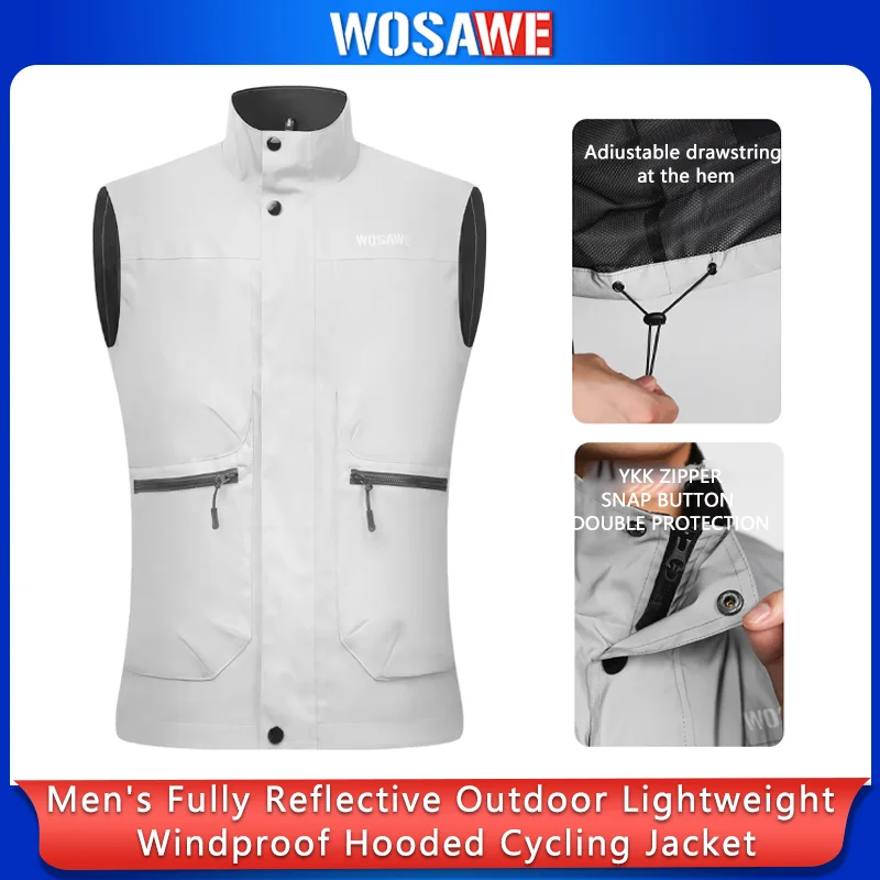 WOSAWE Men's Fully Reflective Jacket Outdoor Lightweight Windbreaker MTB Bike Hooded Rain Jacket Running Fishing Cycling Coat