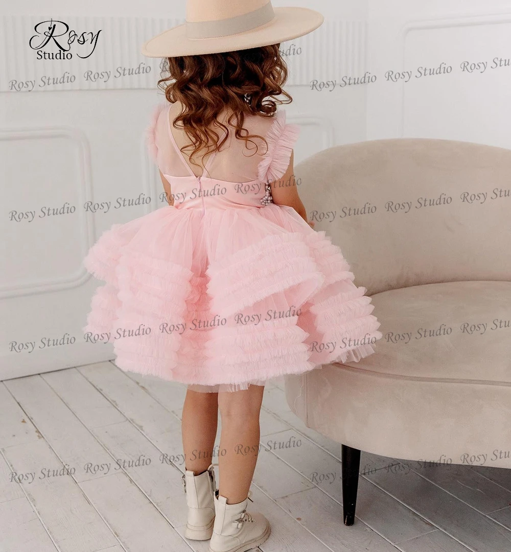 Luxurious Pearls Ball Gown Pageant Gown O-neck Cap Sleeves First Communion Dress Pink Girls Birthday Wedding Party Gown