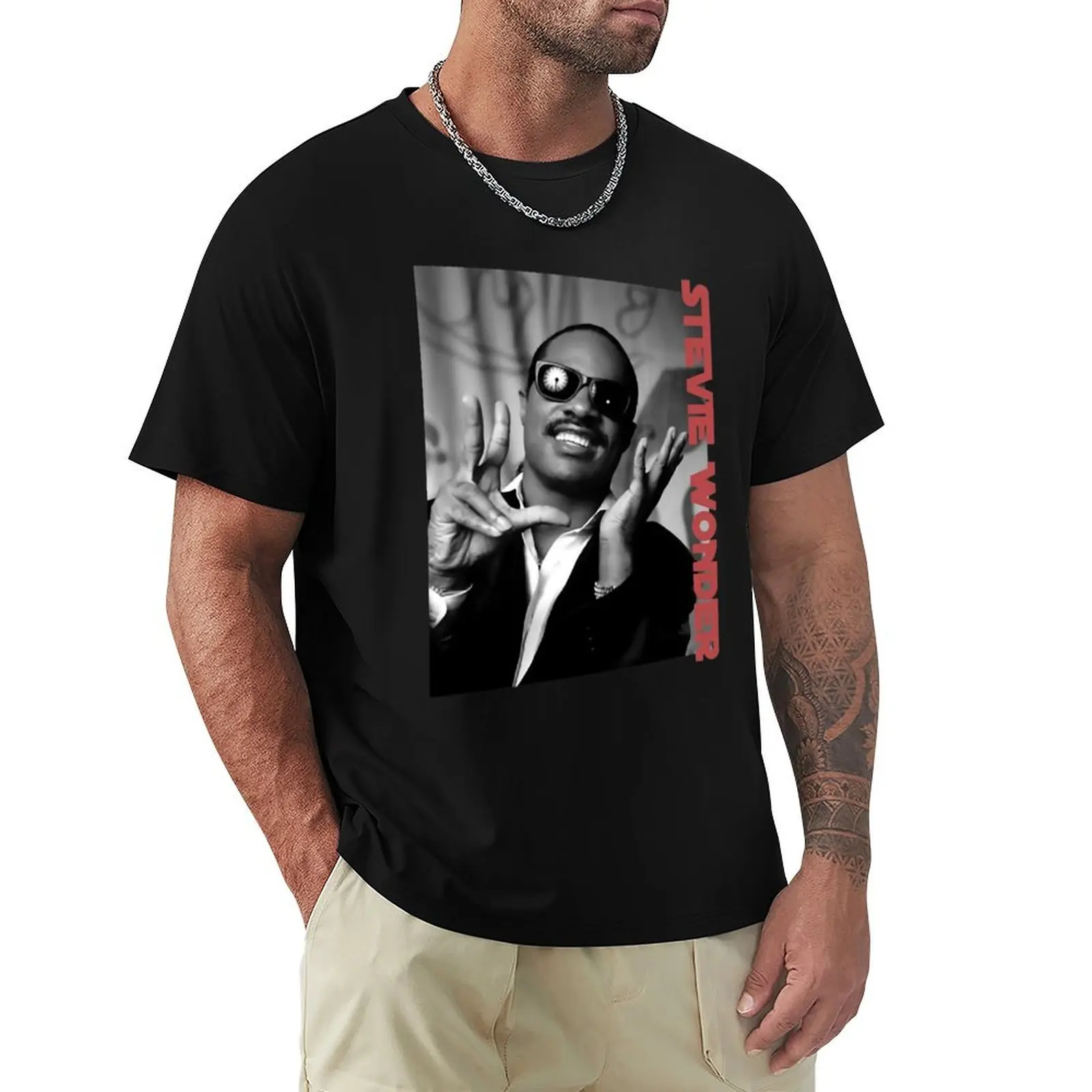 Stévié Wóndér تي شيرت أبيض وأسود مخصص ملابس أنيمي قطن جرافيك تي شيرت رجالي تي شيرت عالي الجودة #3