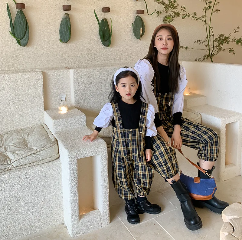 2021 Autumn Parent-Child Matching Outfits Girls And Women Fashion Clothes Mother And Daughter Plaid Jumpsuit+Shirt Two Piece Set