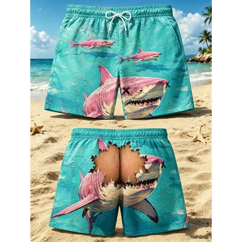 for Men Artistic Pink Shark Beach Shorts Funny 3D Ripped Hole Optical Illusion Swim Trunks Colorful Ocean Painting Novelty