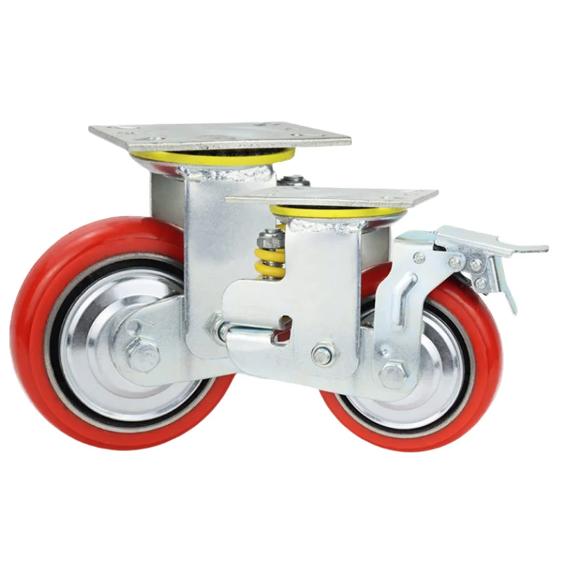 Heavy Duty Industrial 6/8-inch Pu Spring Loaded Castors Ball Bearing Swivel Brake Durable Shock Absorption Thread Guards