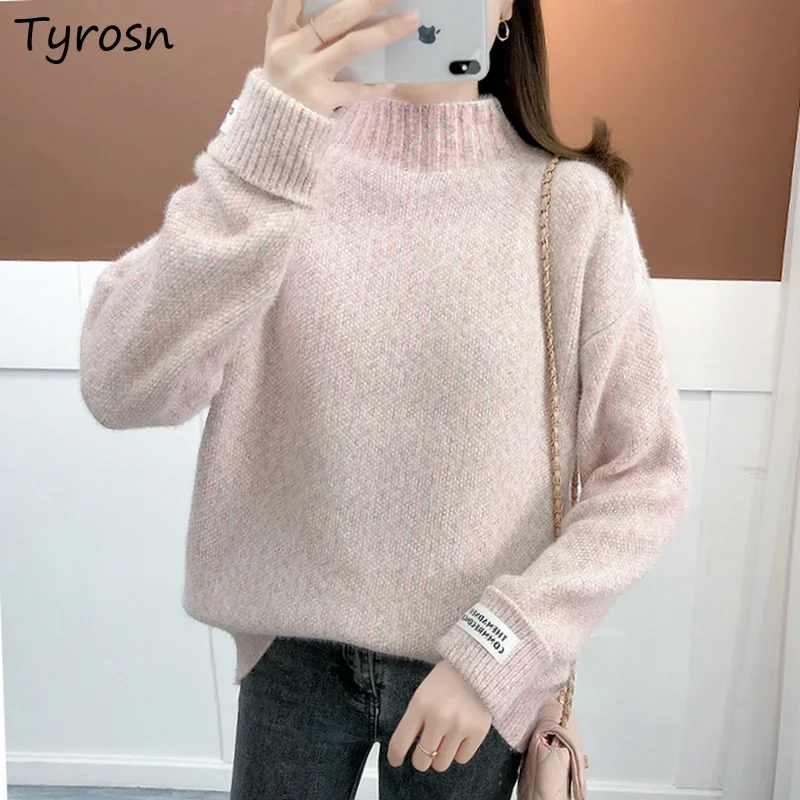 Women Sweaters S-3XL Mock Neck Thickening Patchwork Warm Fashion Loose Knitted Retro Elegant Lady Casual Mujer Korean Aesthetic