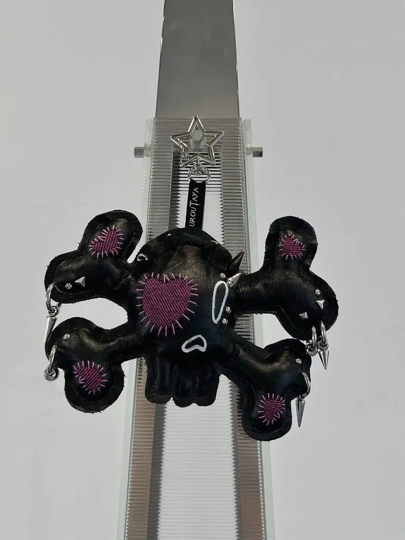 

KUROUTAYA Monster Keychain Handmade Spiky Embroidered Black Faux Leather Gothic Alternative Bag Charm For Purse BackpackKey Ring