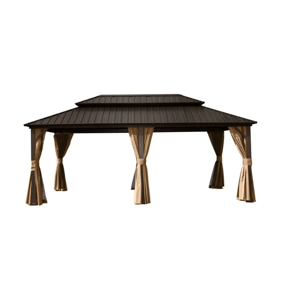 

Алюминиевый металлический павильон-беседка 12' x 18' с жесткой крышей, двойным навесом из оцинкованной стали, шторами и сеткой, перманентный павильон-беседка