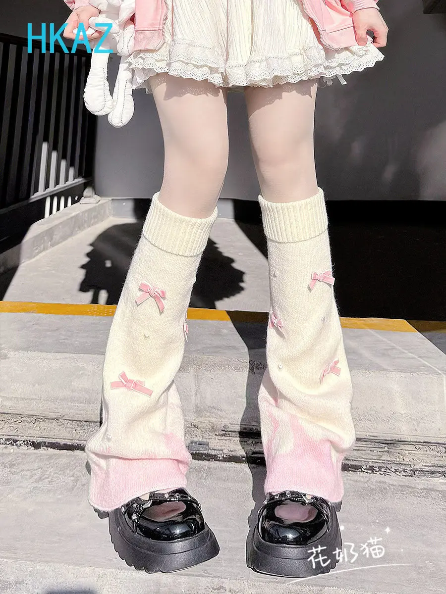 Original Cute Pink Leg Cover Sweet Beautiful Woman Japanese Bow Pearl Medium Tube Stacking Socks Lolita Knitted Leg Warmers