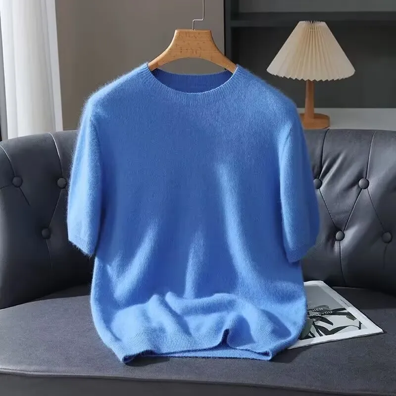 Men's Sweater Pullover Short Sleeved Summer Mink Knit Sweater Loose Round Neck Solid Color Half Sleeved Simple T-Shirt Casualtop