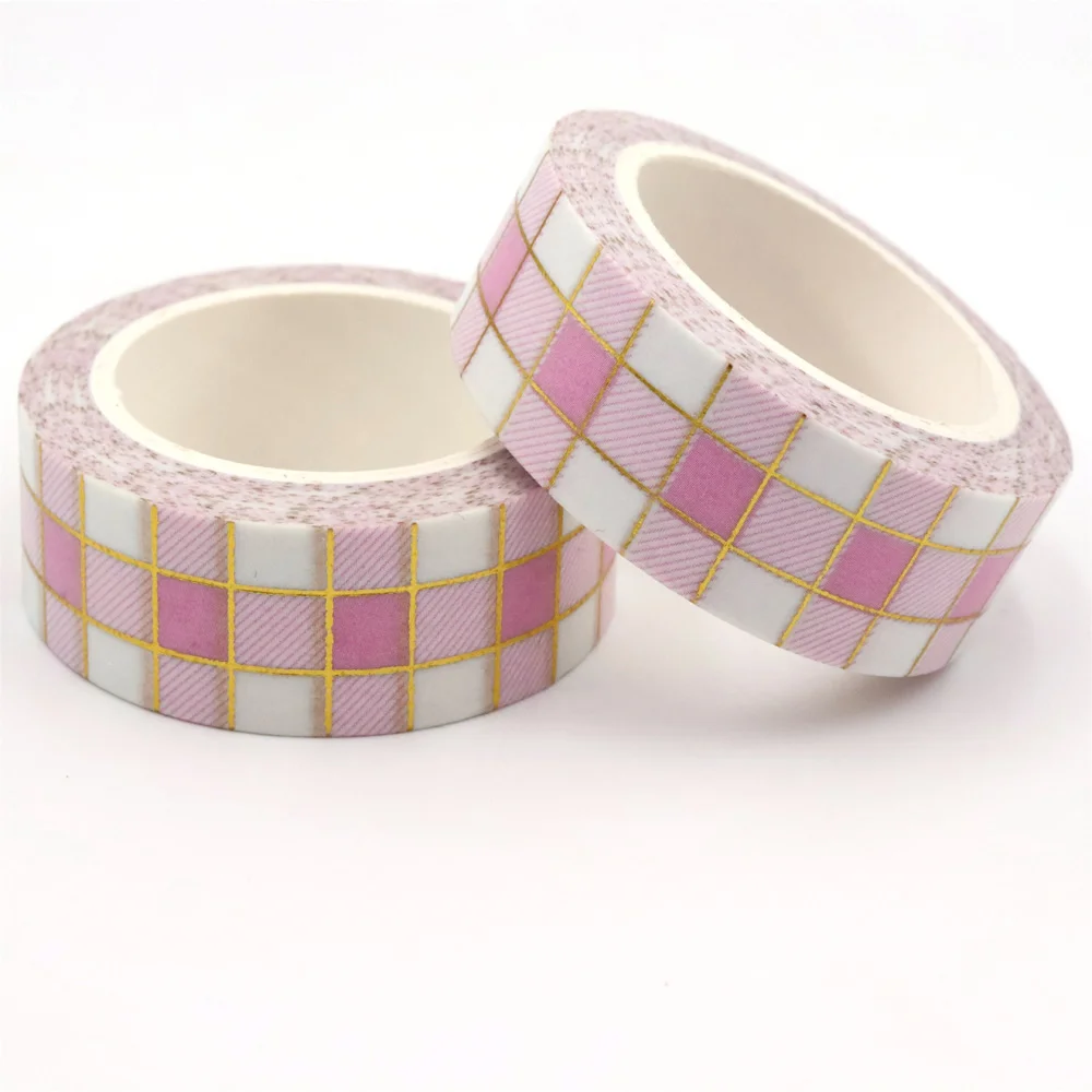 NEW 1PC 15mm*10m Gold Foil Buffalo Plaid Pink Stripes Decorative Washi Tape Stationery Colourful Tape Office Supplies