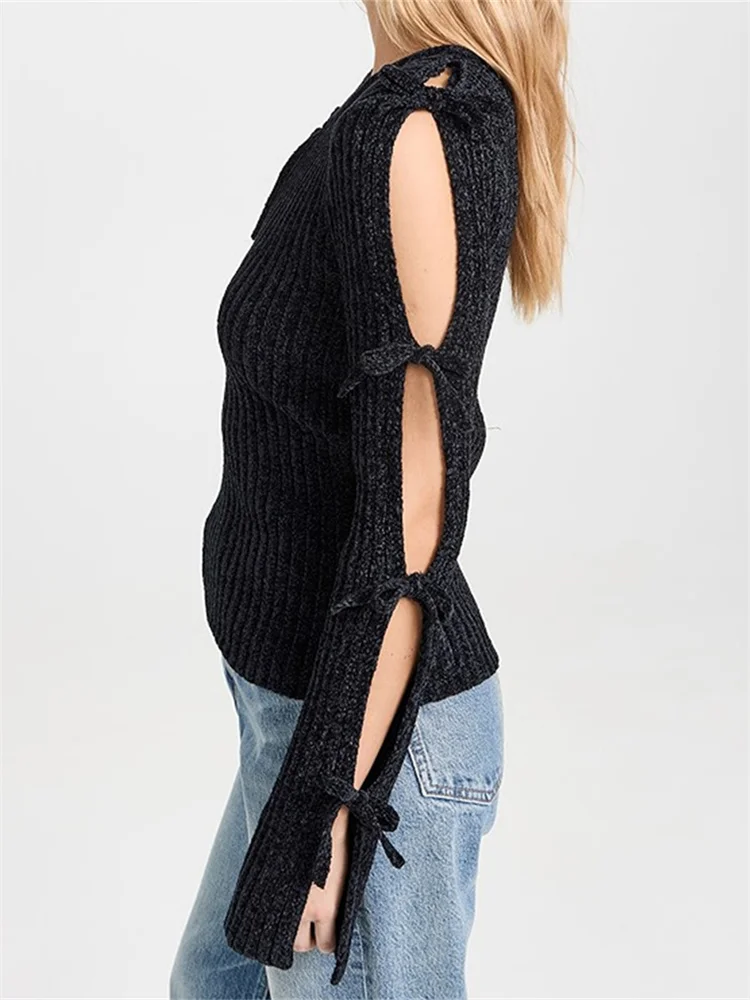 FUFUCAILLM Women Ribbed Knitted Sweaters Tops Fashion Cutout Bow Patchwork Long Sleeve Round Neck Slim Fit Pullover Jumpers 2024