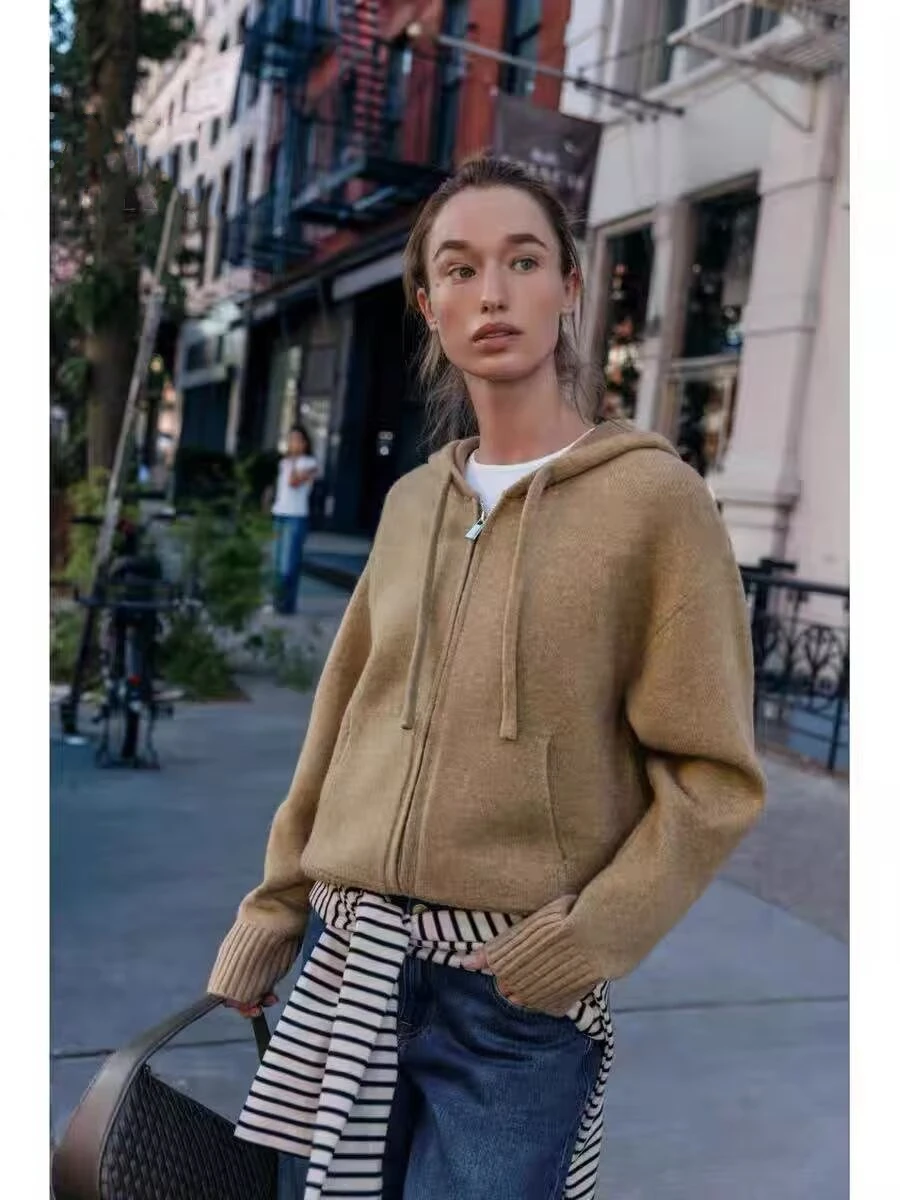 

YY2768 Осень/Зима 25, новый женский модный свободный вязаный кардиган с двойной молнией и карманом, толстовка 2142141