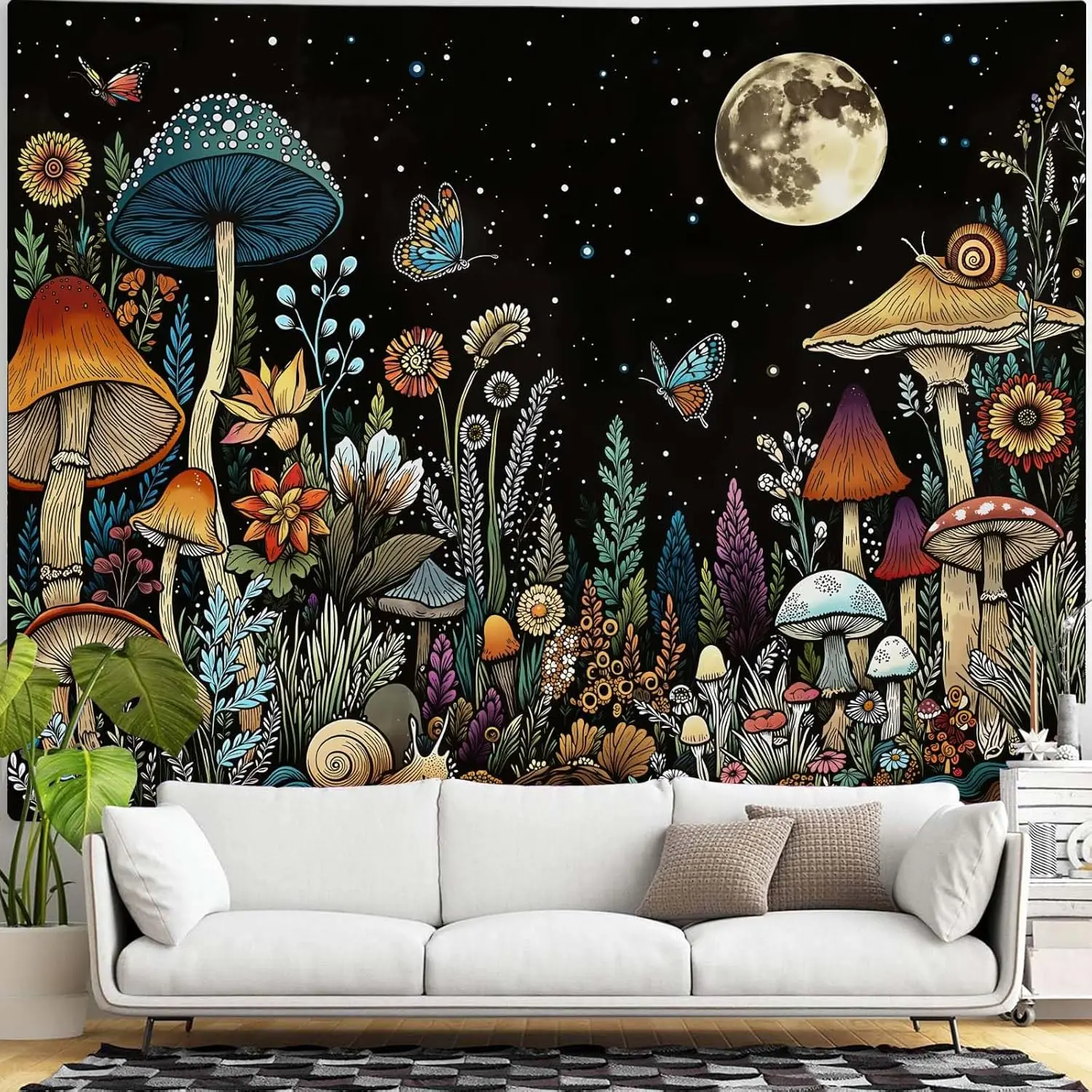 Vintage Mushroom Tapestry Moon Night Garden Floral Butterfly Tapestries Wall Hanging Hippie Plant Snail Small Tapestry  Bedroom