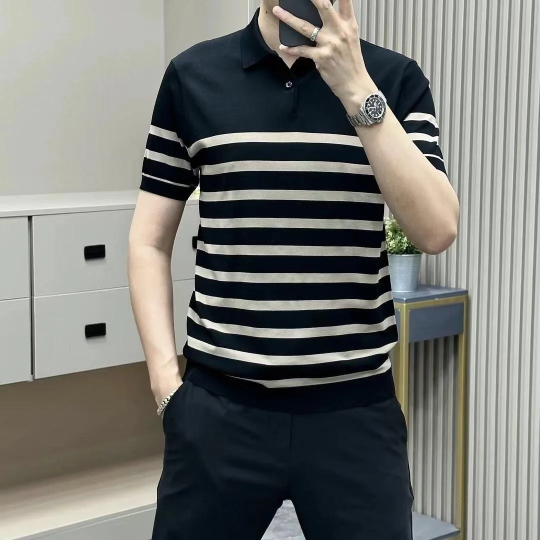 

Ранняя весна 2024, модная трикотажная футболка ort Sve irt, повседневная мужская футболка в полоску, модный свободный крой