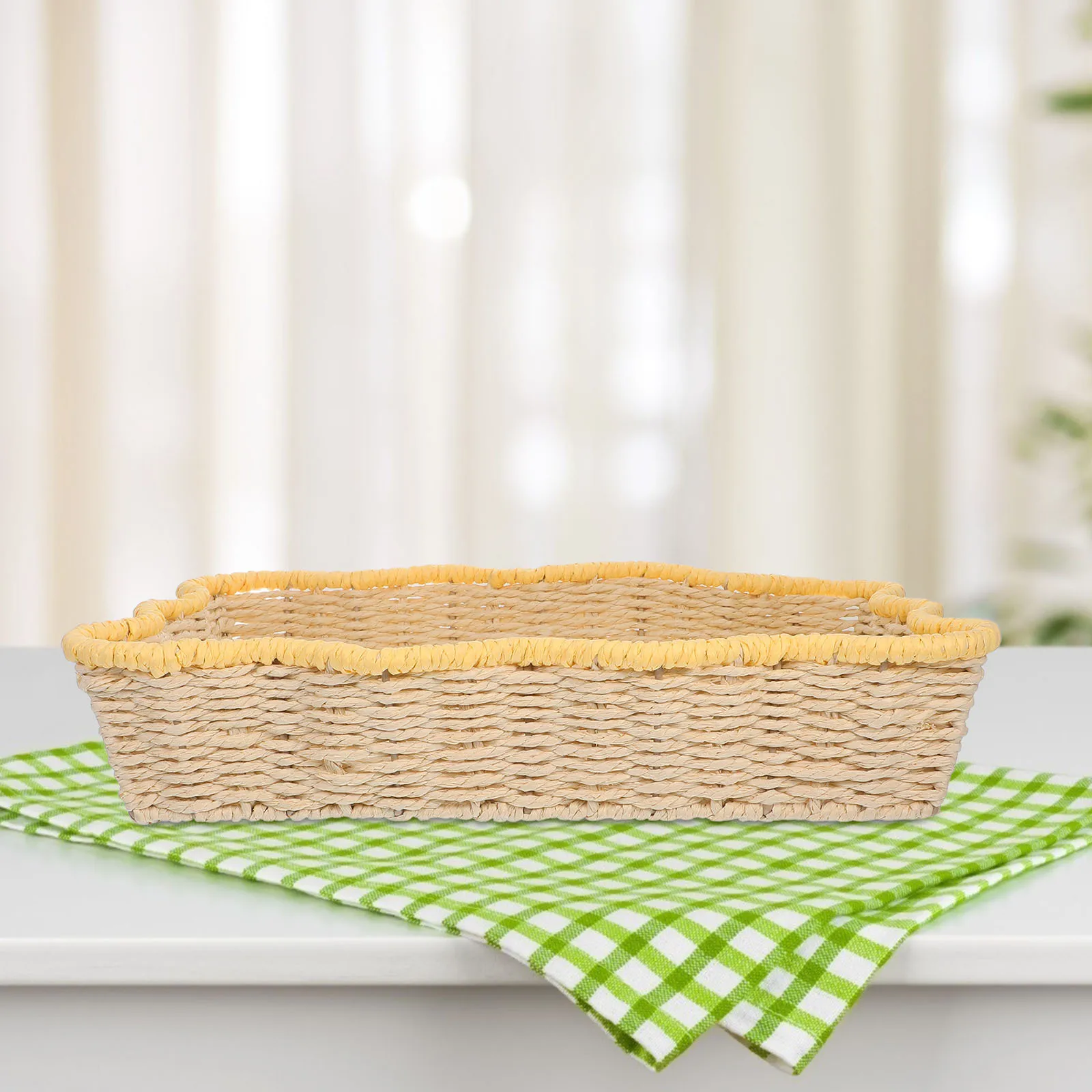 

Paper Rope Woven Storage Basket 15x11x3 Inch Handmade Imitation Rattan Organizer Multipurpose Decorative Snacks Sundries Desktop