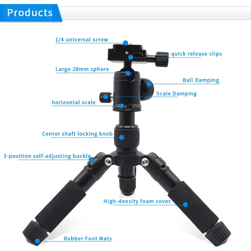 aluminium alloy Travel Tripod with 360°Ballhead, Mini Desktop Tripod for Mirrorless Cameras Folded Height 17.5cm Max Height 50cm