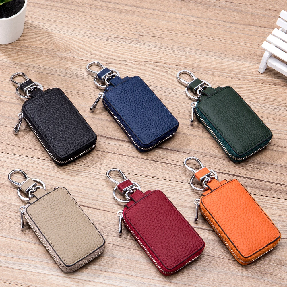 Universal Model Car Key Cover Keyless Entry Genuine Leather Remote Entrance Smart Hanging Buckle Zip Car Key Holder Case Unisex