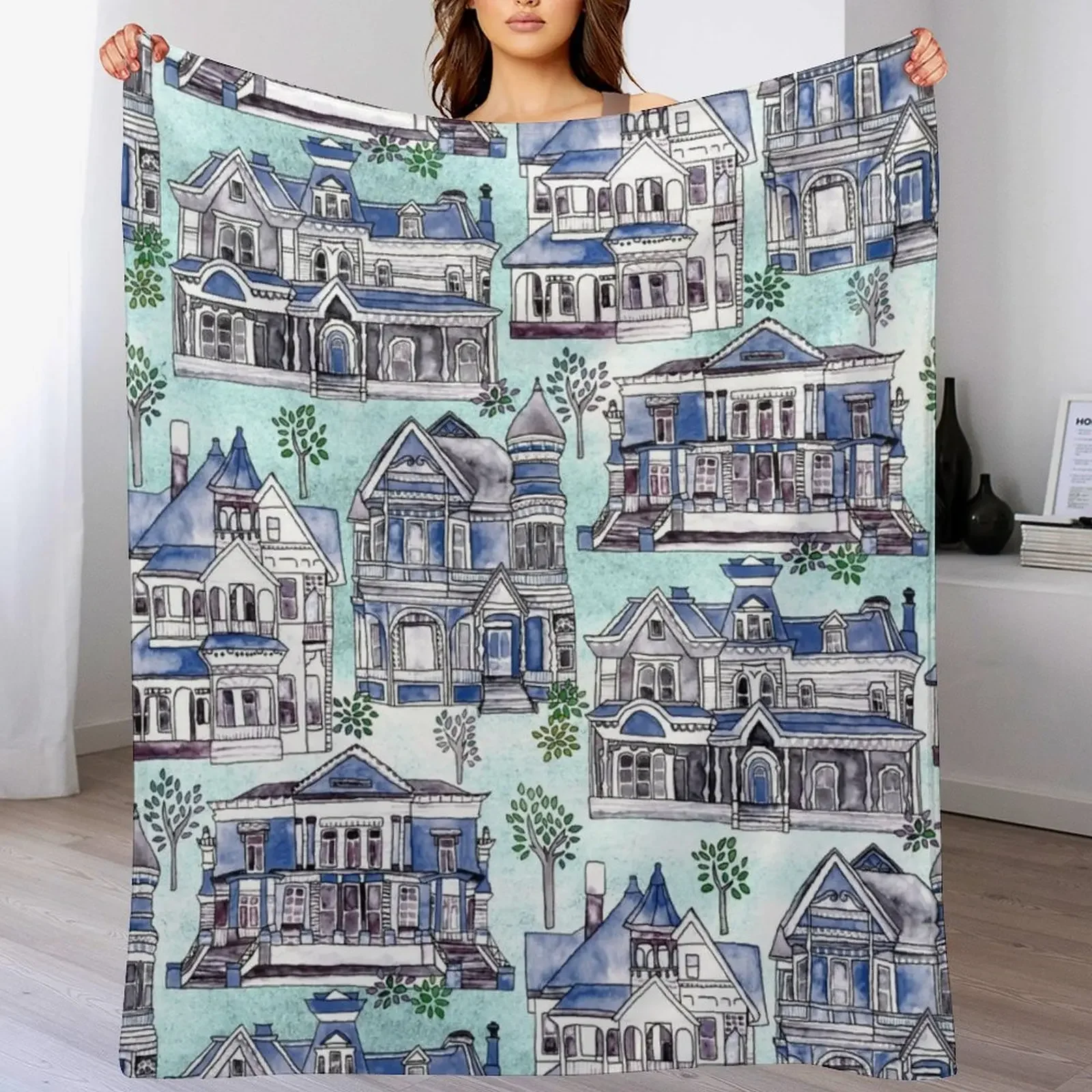 

Blue Watercolor Victorian Houses Throw Blanket Men's Soft Warm Throw Blanket for Couch