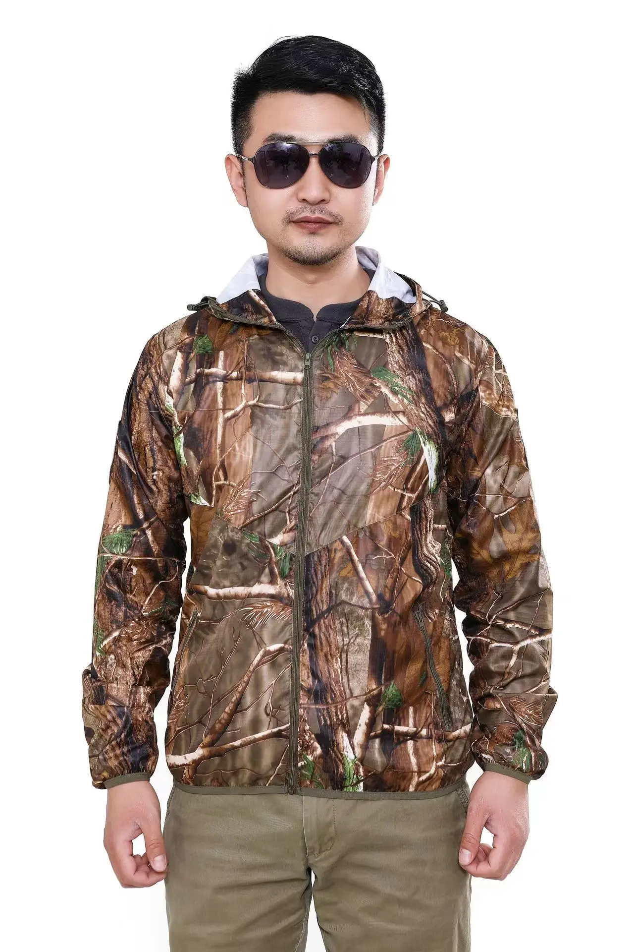 Skin Thin Soft Outdoor Jacket Tree Bionic Camouflage Hunting Fishing Hoodies Breathable Polyester Tactical Windbreaker M-3XL