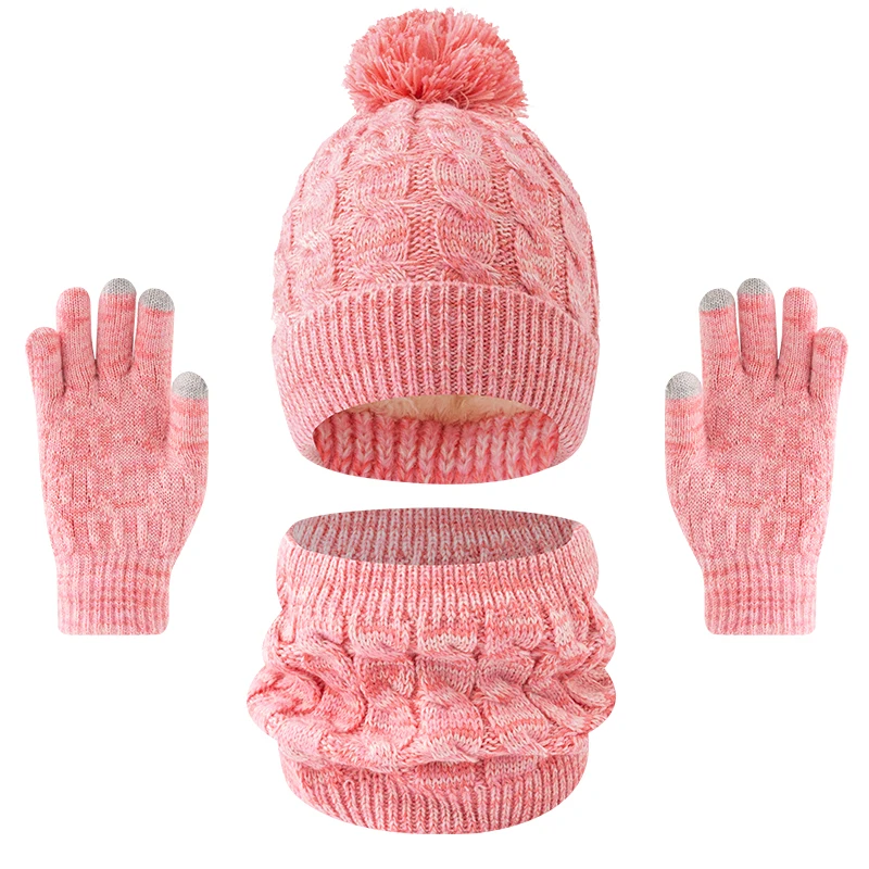 3pc3-12 Children's Winter Hat, Scarf and Gloves Three-piece Set, sweet and versatile, top ball flapped woolen cap, thickened war