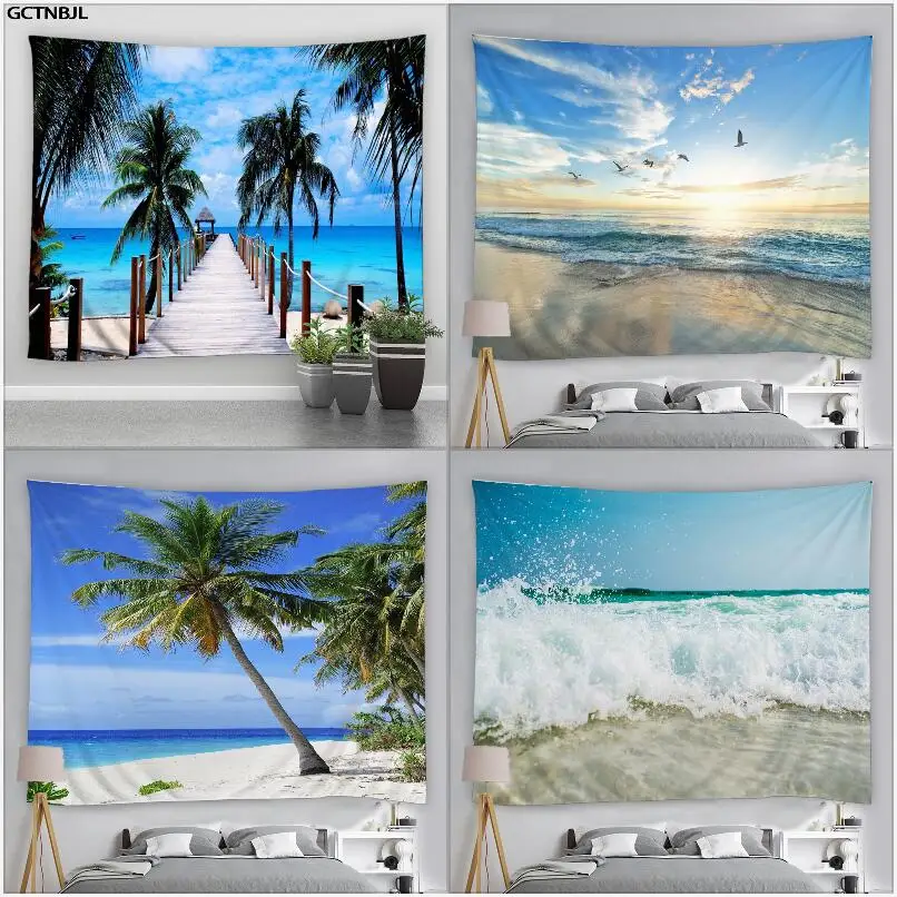 Ocean Landscape Tapestry Sea Beach Palm Tree Living Room Bedroom Background Wall Hanging Curtain Tablecloth Outdoor Home Decor