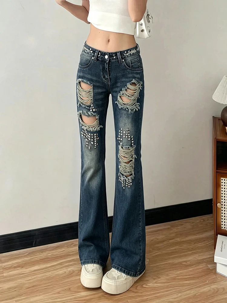 ReddaChic Women's Ripped Low Rise Jeans Punk Studded Tall Girl Relaxed Fit Raw Hem Flare Denim Trousers Vintage Y2K Streetwear