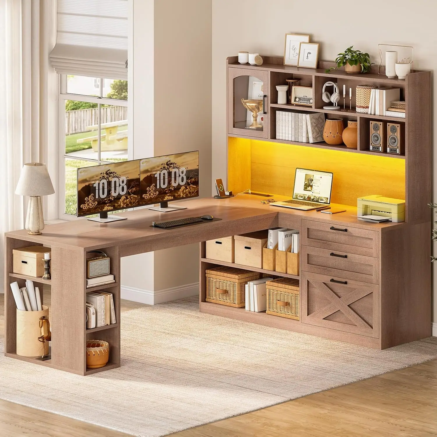 

L Shaped Office Desk with Drawers Storage Shelves Power Outlet LED Light Display Cabinet 61in Light Brown, Customized