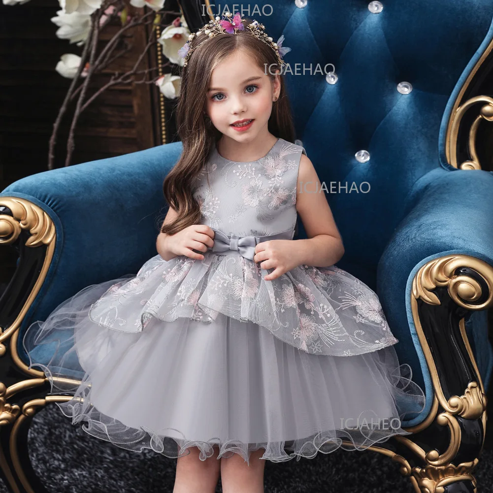 22026Wedding Puffy Skirt Young Host Piano New Style Performance CostumeChildren's Dress Elegant Little Kids  Performance Dance