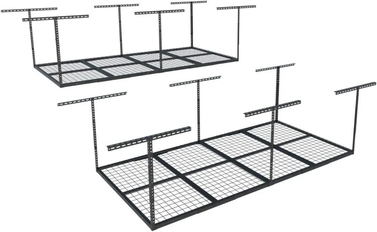 FLEXIMOUNTS 4x8 Overhead Garage Storage Rack, Adjustable Organization System, Heavy-Duty Metal Ceiling Racks, 2 pack, Black