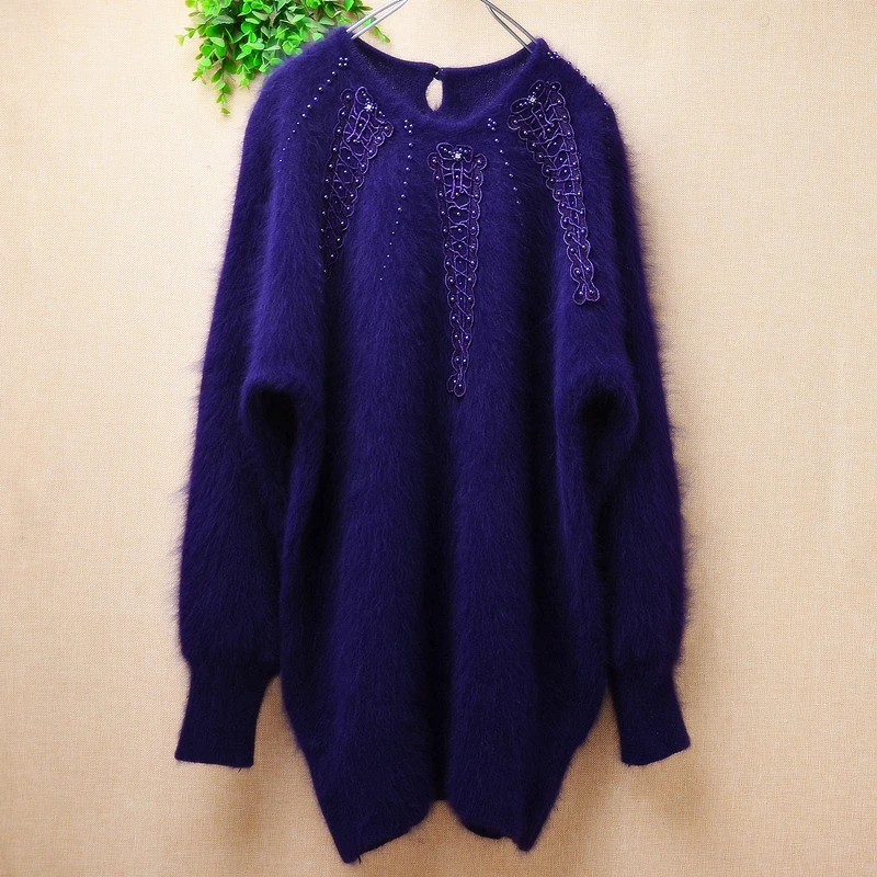 

Ladies Women Spring Autumn Beading Purple Hairy Angora Rabbit Hair Knitted Long Batwing Sleeves O-Neck Loose Pullover Sweater