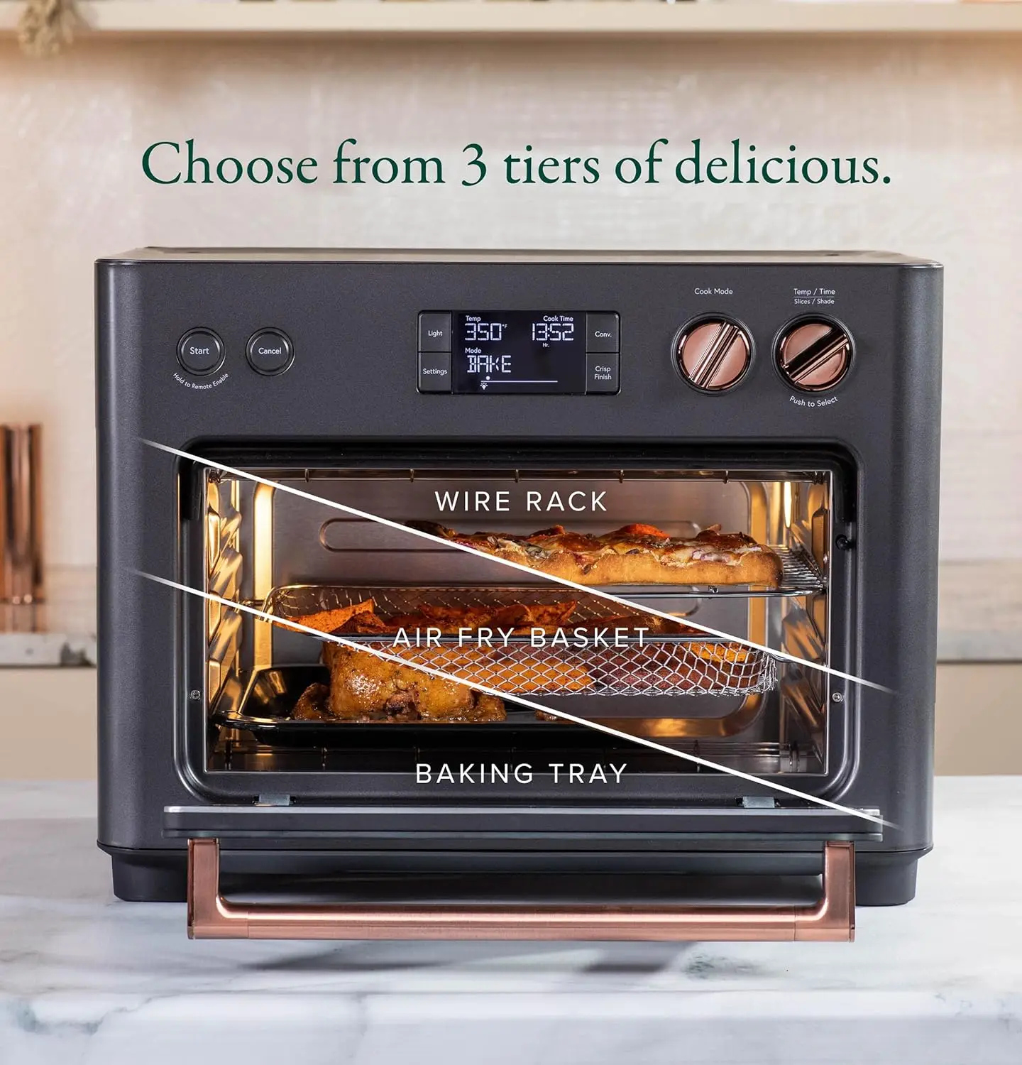 Couture Oven with 14 essential cooking modes, including Air Fry, CrispFinish Bake Broil Roast Toast Pizza