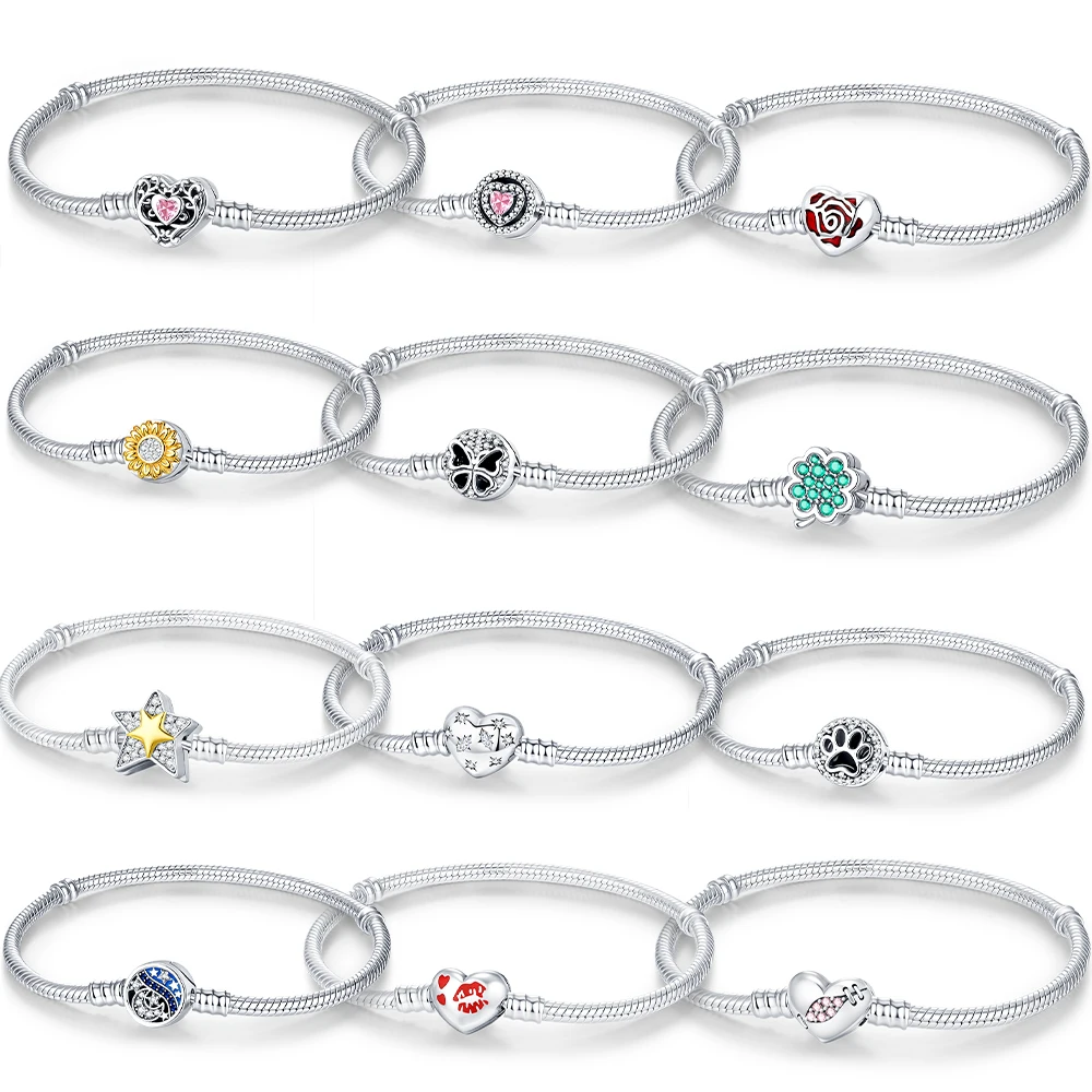 Neues Original 925 Sterling Silber Charm-Armband 16-21CM Rote Rose Herz-Verschluss Schlangenkette Armband für Frauen DIY Schmuck Geschenke
