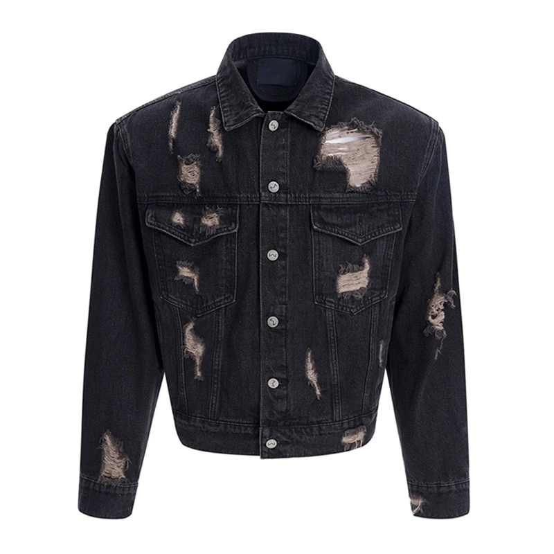 FEWQ Men\'s Shoulder Pad Denim Jacket Autumn Vintage Turn-down Collar Long Sleeve Single Breast 2024 Male Sets Fashion 24E2186