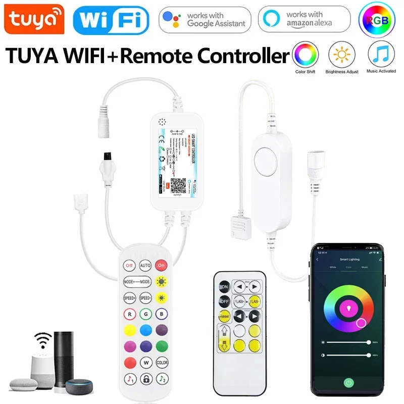 Светодиодная лента Tuya Smart Life APP DC5V-24V Wifi DW/CCT/RGB/RGBWW/RGBCCT, беспроводной пульт дистанционного управления, работает с Alexa Google