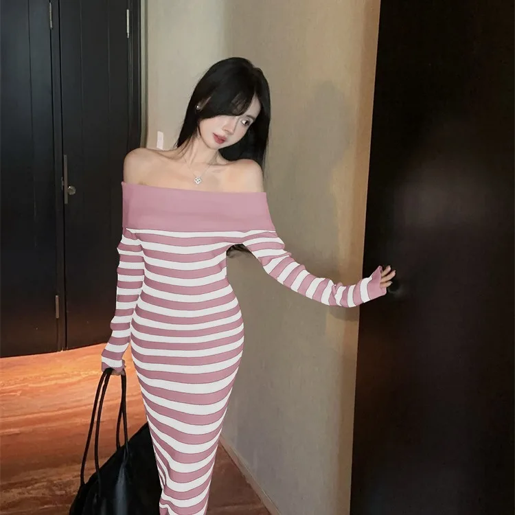 섹시 니트 드레스 원숄더 하이웨이스트 슬림핏 롱 슬리브 가을 겨울 스트라이프 이너웨어 캐주얼 엘레강스