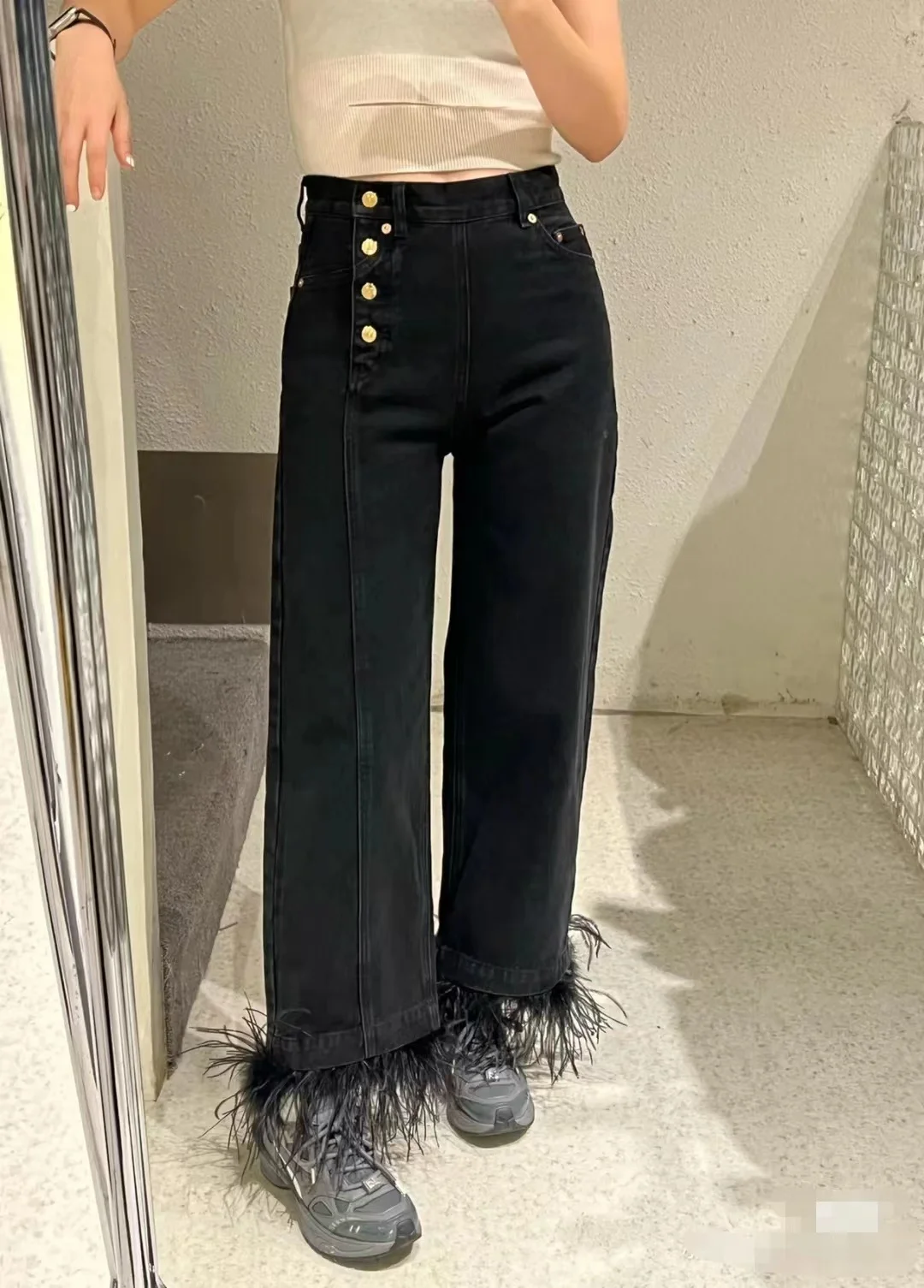 Autumn Winter 2023 Ostrich Feather Detachable Jeans Women's Waist Slimming Retro Blue Straight Long Denim Pants High Street