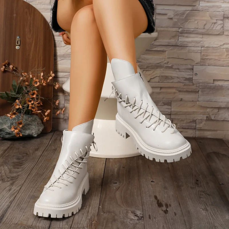 

British Mid-Calf Boots Short Boots Classic Black Stylish Short Boots Front Lace-Up Round Toe Low Heel Thick Sole Single Boots
